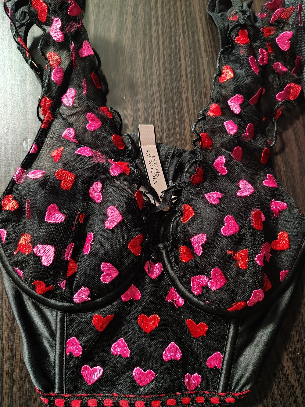 Victoria's Secret Black Lace Bustier with Red and Pink Heart Embroidery